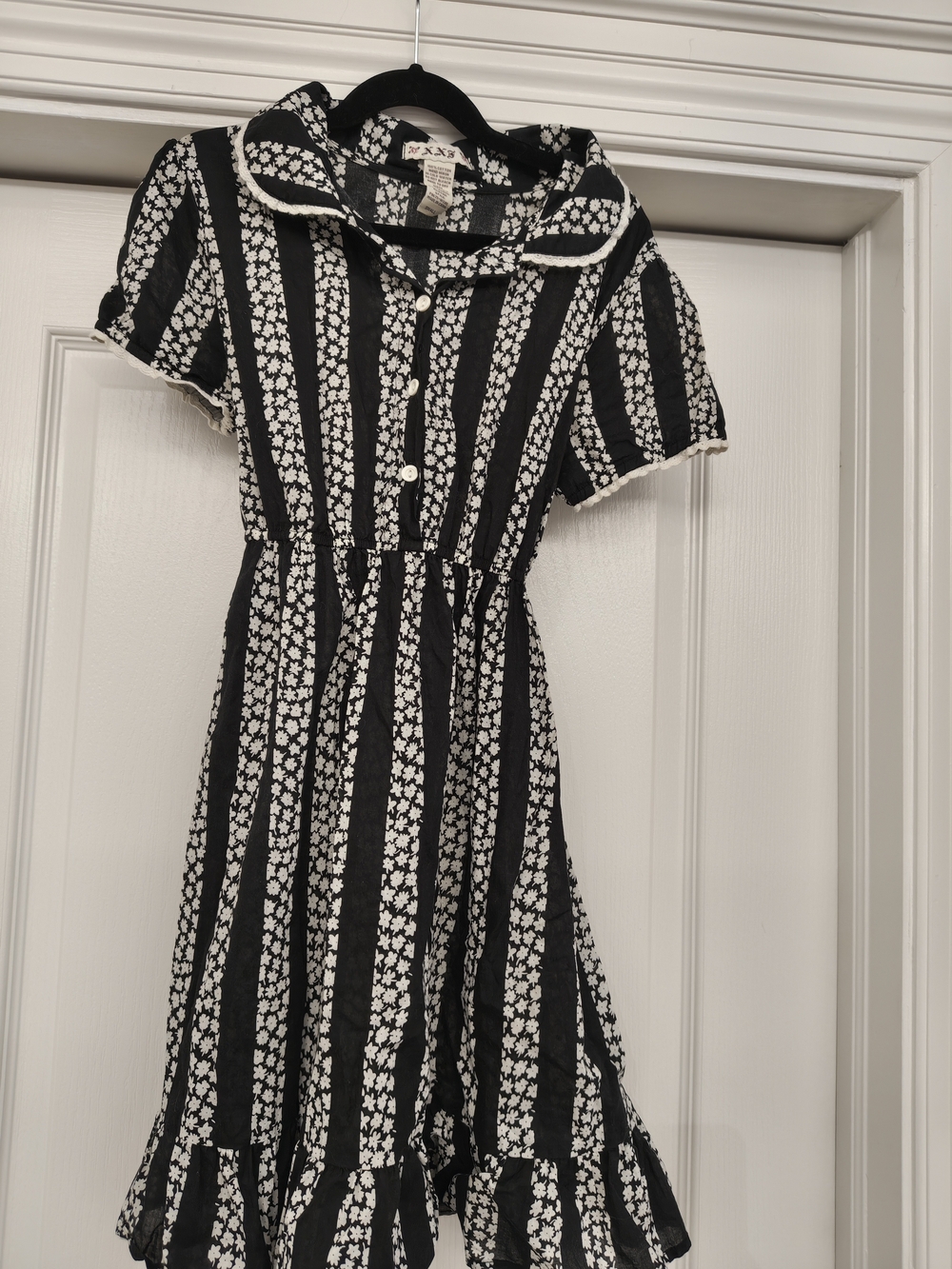 Black and White Striped Floral Button-Front Dress